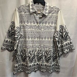 NWT Chico’s 3/4 Sleeve Button Up Blouse Black Ecru Eyelet Size 2P US 12/14P